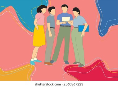 Illustration of a work team working together to achieve a goal. They support each other and share ideas for optimal results.