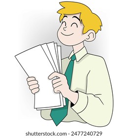 illustration of work that requires you to remain happy even though you are busy, a male worker is carrying many sheets of documents to sign