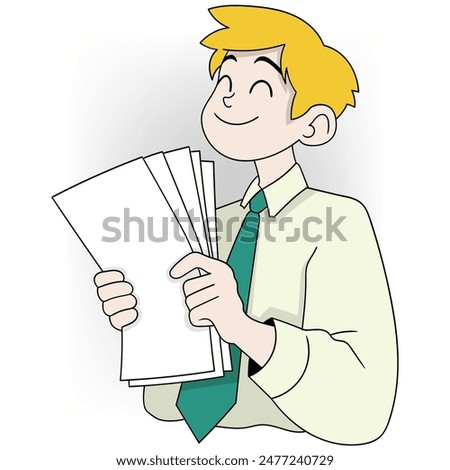illustration of work that requires you to remain happy even though you are busy, a male worker is carrying many sheets of documents to sign