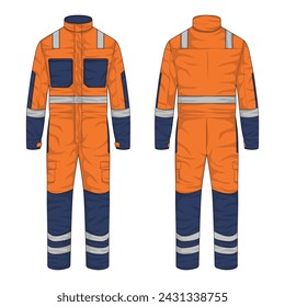 Illustration of work wear front and back view. Hi-vis wearpack mockup. Coverall vector