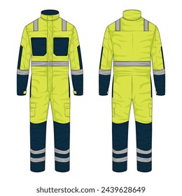 Illustration of work wear front and back view. Hi-vis wearpack mockup. Coverall vector