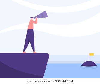 illustration of a worker or businessman standing on a cliff and using a telescope to see a business target. visionary concept, opportunities for success, vision and future plans. flat cartoon style