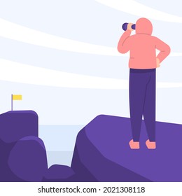 illustration of a worker or businessman standing on a cliff and using a telescope to see a business target. problem and solution. visionary concept, opportunities for success, vision and future plans