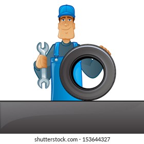 Illustration of a worker character/Vector Tire Mechanic