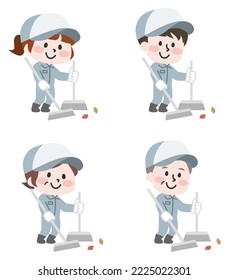 Ilustración de un trabajador limpiando hojas caídas