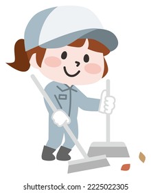 Illustration of a worker cleaning fallen leaves