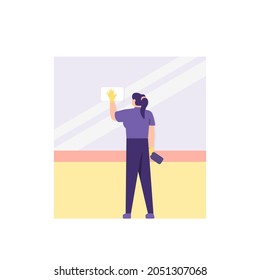 illustration of a worker cleaning glass using a rag. cleaner, janitor, maid, office boy and office girl. interns. job and profession. flat cartoon style. vector design
