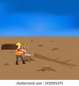 illustration of a worker cutting a tree flattened to the ground