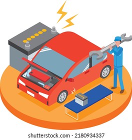 Illustration of a worker doing car battery replacement work