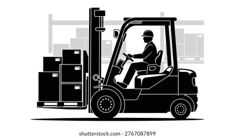 Illustration of worker driving forklift with boxes