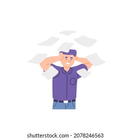 illustration of a worker or employee who is dizzy because he still has a lot of work to do. too much work. stress and depression due to workload. holding head due to headache. like a flat cartoon