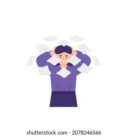 illustration of a worker or employee who is dizzy because he still has a lot of work to do. too much work. stress and depression due to workload. holding head due to headache. like a flat cartoon