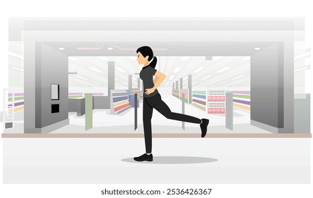 Ilustración de una trabajadora haciendo un ejercicio de levantamiento de piernas en un centro comercial. Ella está de pie con una pierna levantada detrás de ella, demostrando una buena postura y equilibrio. Ilustración plana de Vector