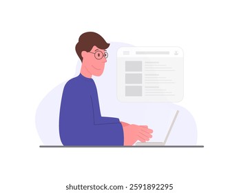 Illustration of a worker in front of a laptop. businessman flat design. digital marketing illustration. web designer. modern minimalist design