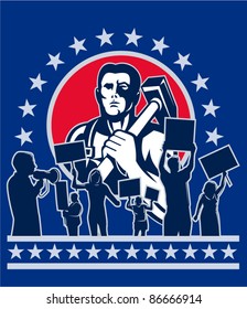 illustration of a Worker with hammer protester protest placard sign