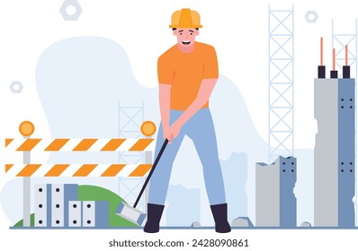 Illustration of a Worker Holding a Hammer to Knock Down a Wall