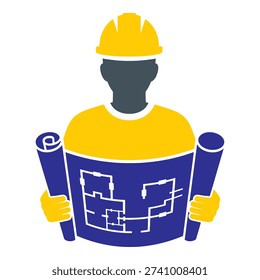 Illustration of a worker holding rolled plans and blueprints
