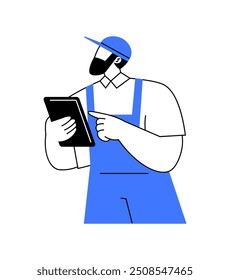 Illustration of a worker holding a tablet, symbolizing technology use in industrial and logistics settings. Perfect for business, tech, and industry themes. Simple black, white, and blue design.