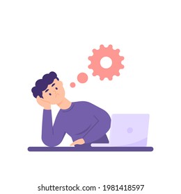illustration of a worker or male employee thinking. trying to complete a task on the laptop. freelancer. use a laptop for work. looking for answers. flat style. vector design