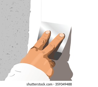 Illustration of worker or mason with spatula and plaster or cement doing renovation
