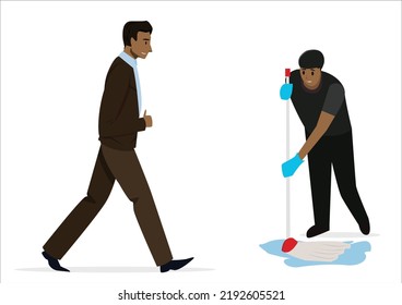 Illustration of a worker mopping the floor while a customer is walking towards him. Vector Flat Illustration
