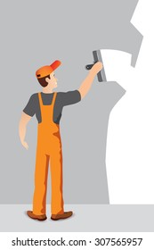 Illustration of worker with spatula and plaster doing renovation