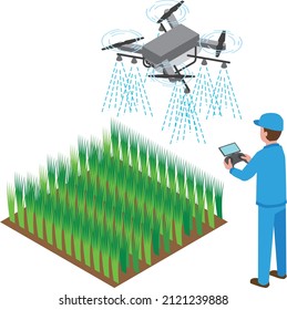 Illustration of a worker spraying pesticides with a drone