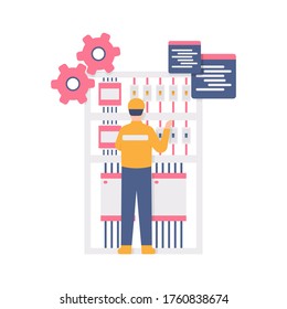 illustration of a worker standing in front of an electric circuit or a machine. the concept of a PLC programmer, electrician, factory worker. flat design. can be used for elements, landing pages, UI