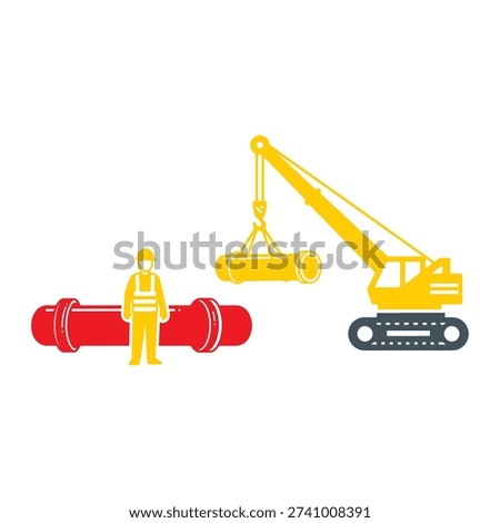 Illustration of worker standing near large pipeline with crane