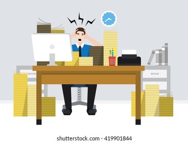An illustration of a worker stress. A lot of files/ documents around himself.