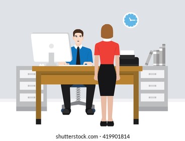 An illustration of a worker talking with another co-worker.