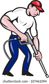 Illustration of a worker with water blaster pressure power washing sprayer spraying set inside circle done in cartoon style.