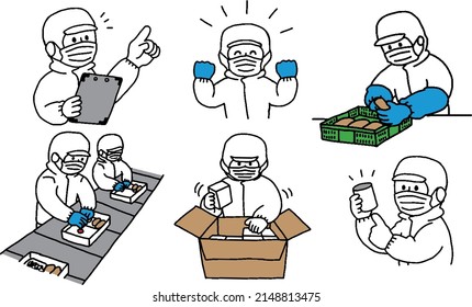 Illustration of a worker wearing white sanitary clothes working in a food factory