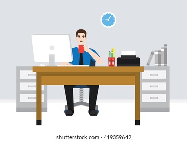 An illustration of a worker working in front of computer and drinking coffee.