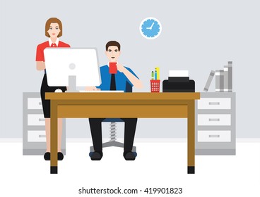 An illustration of a worker working in front of computer, drinking coffee, and talking with another co-worker.
