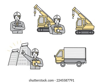 Illustration of the worker.Construction site, carpenters, factories, work clothes, helmets, trucks, cranes, descriptions, construction.
