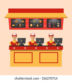 Illustration Workers with Cash Register in Cafe with Fast Food - Vector