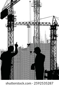 illustration with workers and house building isolated on white background