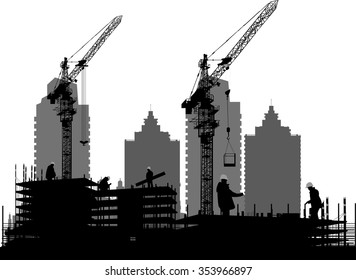 illustration with workers and house building isolated on white background