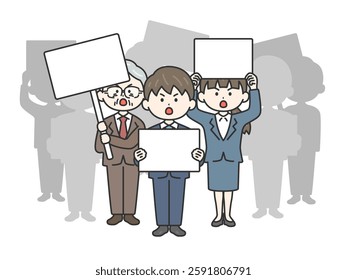 An illustration of workers (line drawing) holding placards and holding a protest demonstration.