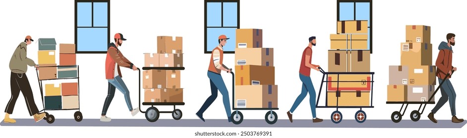 Illustration of workers pushing trolleys loaded with cardboard boxes, depicting teamwork and logistics