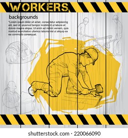 illustration of Workers, under construction on wood board background.