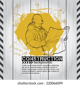 illustration of Workers, under construction on wood board background.