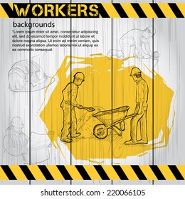 illustration of Workers, under construction on wood board background.