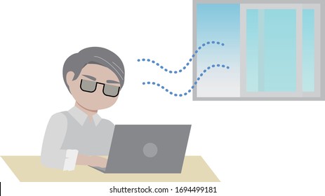 An illustration of a working business man who ventilate a room.