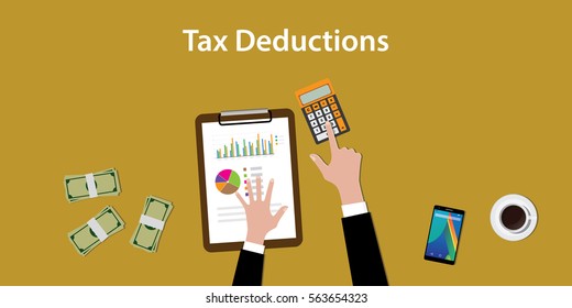 illustration of working to count a tax deductions calculation with paperworks and calculator on top of table 