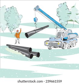 Illustration of working crane, lifting the pipes in the snowy background