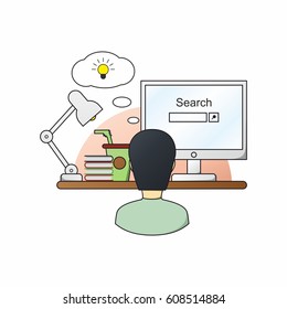 Illustration of the working environment at the table on which there is a computer, a drink, a lamp and books.
