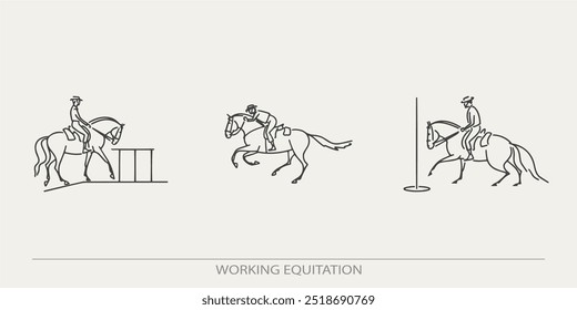 Illustration of working equitation, depicting horse and rider performing different training tasks in a minimalistic line art style