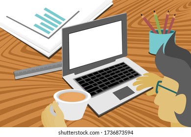 Illustration of working at home businessman working on a combuter screen table with stationery and information documents have a cup of coffee in the hands of business people